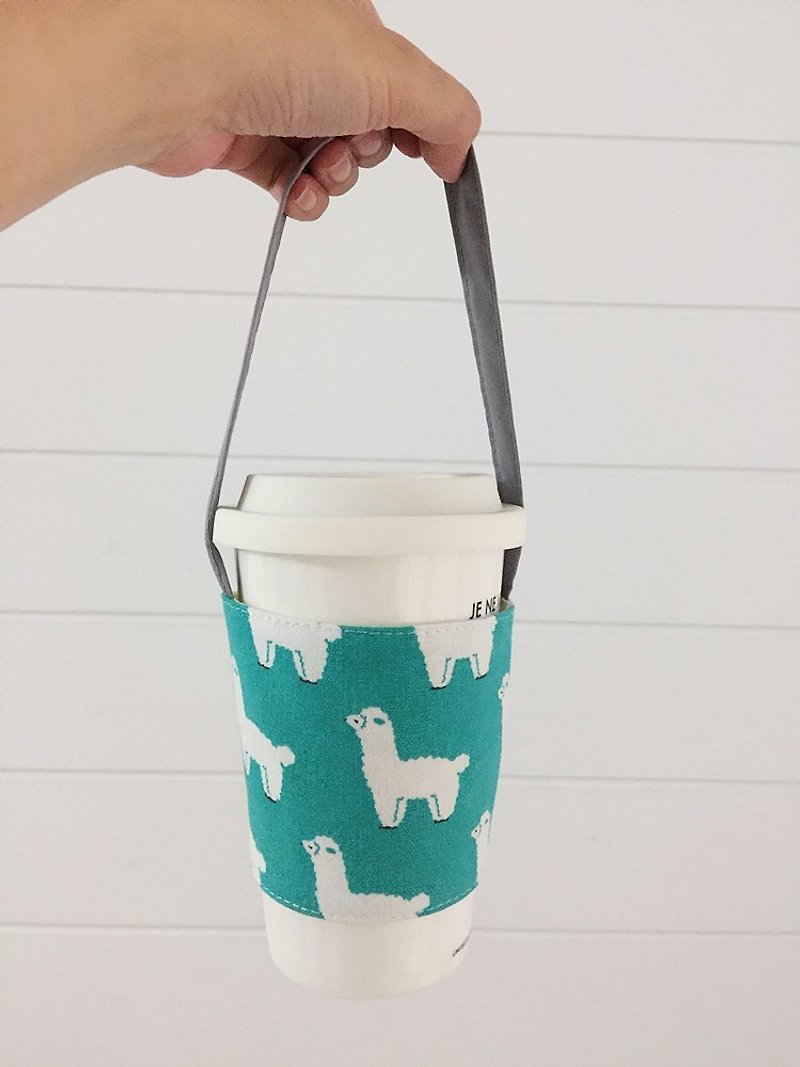 hairmo alpaca environmental protection coffee cup set / drink cup strap - Teal(hand shake cup. Family. 711. McDonald's) - Beverage Holders & Bags - Cotton & Hemp Blue