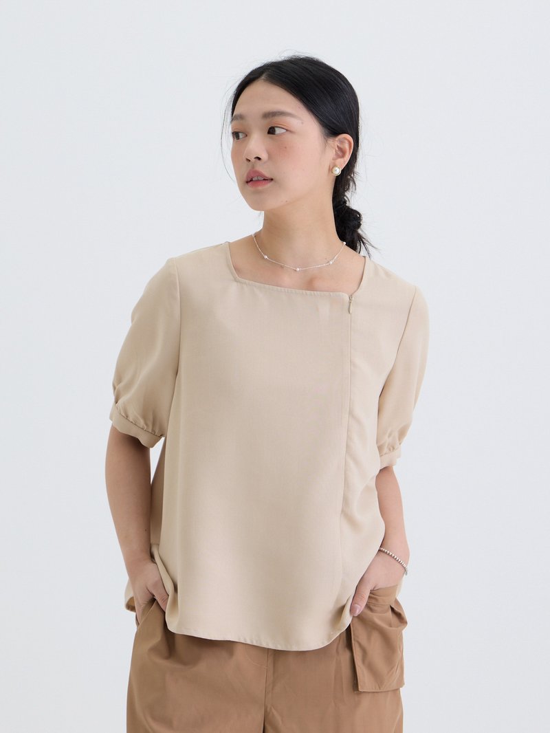 Long moon square collar five-quarter sleeve top-Dao - เสื้อยืดผู้หญิง - ไฟเบอร์อื่นๆ สีกากี