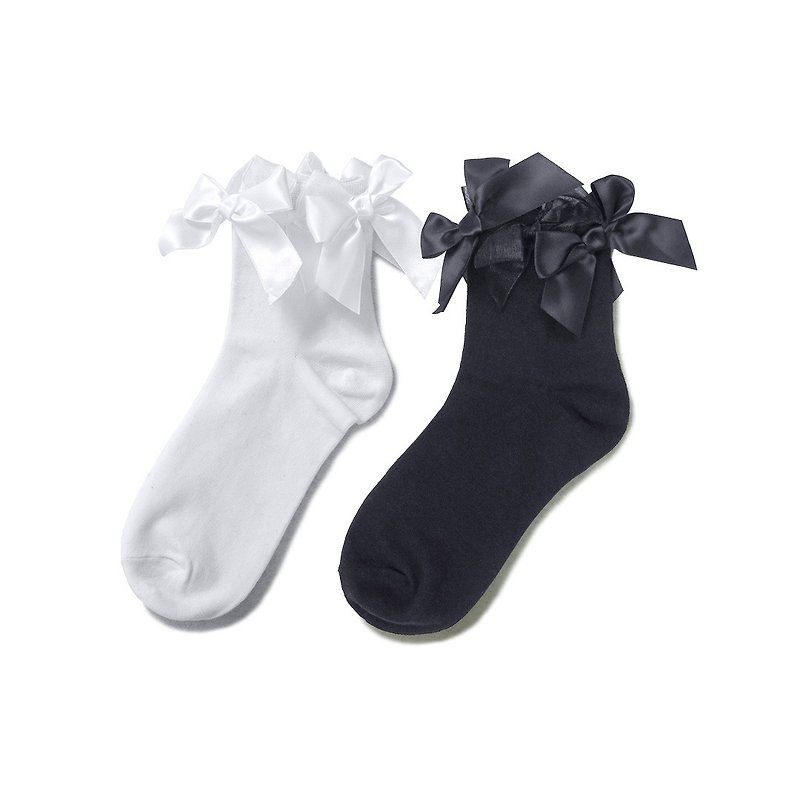 黑白蝴蝶結中筒襪 (兩雙一組) - imakokoni - 襪子 - 棉．麻 黑色