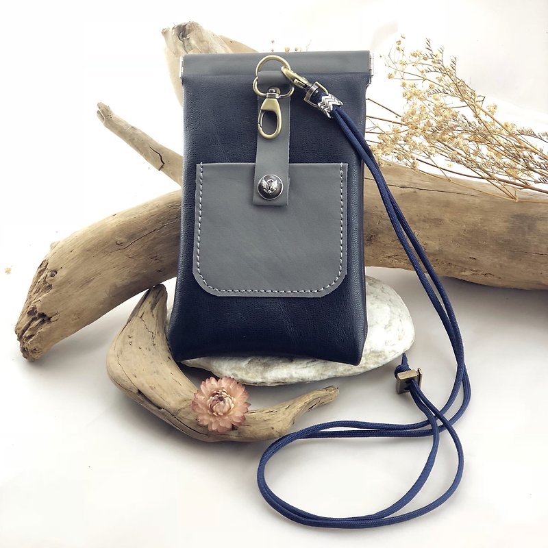 Splicing Shrapnel Multifunctional Mobile Phone Bag --- Mobile Phone Case / Headphone / Card / Easy Card / Glasses Bag / Storage / Passport / Slant Back Phone Bag / Hanging Neck Phone Bag - Phone Cases - Genuine Leather Blue