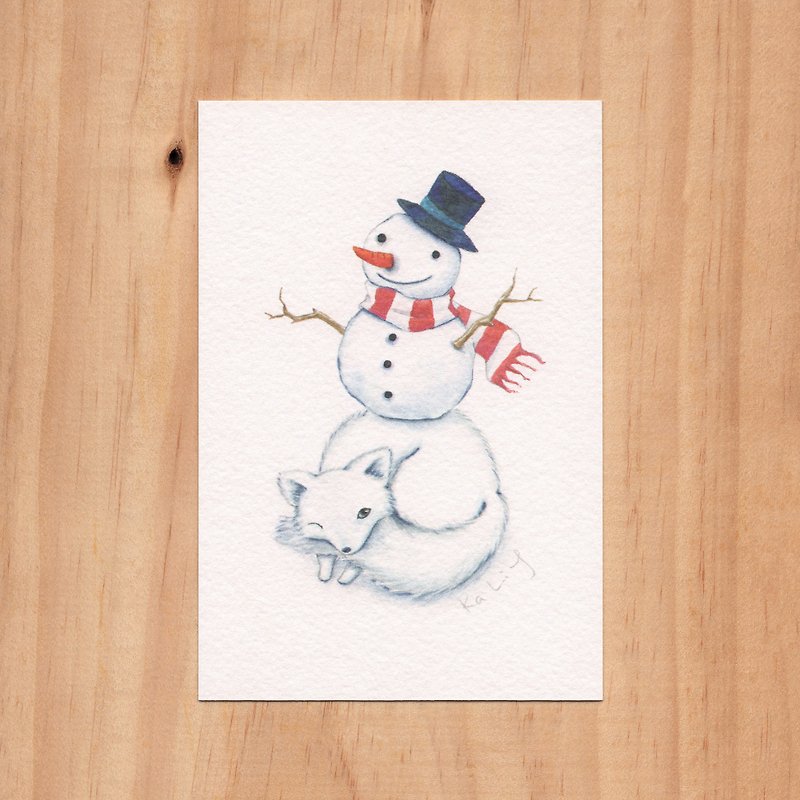 "我的毛孩朋友 - 我是雪人扮的狐"水彩插畫明信片 - 卡片/明信片 - 紙 