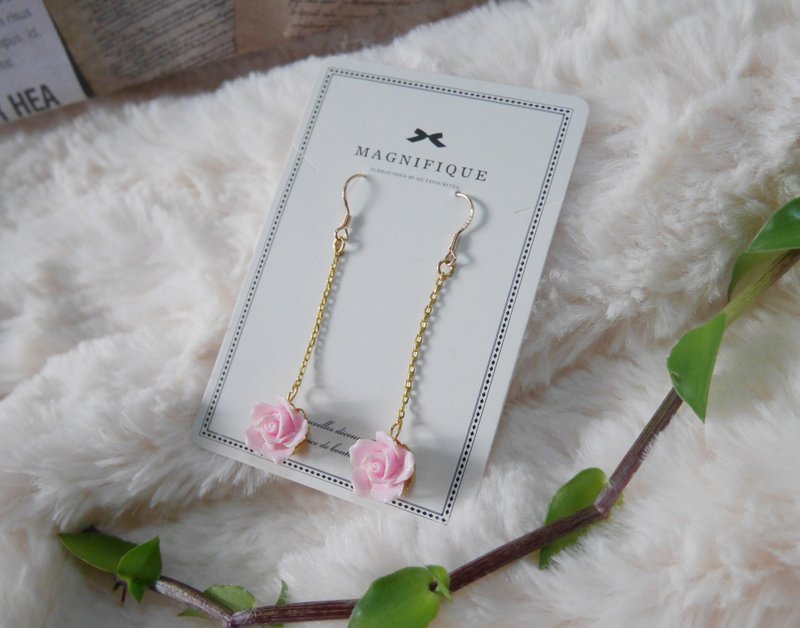 925 Silver| Earrings-Ear Hooks | Pink Rose Dangle Earrings - ต่างหู - เงินแท้ สีเงิน