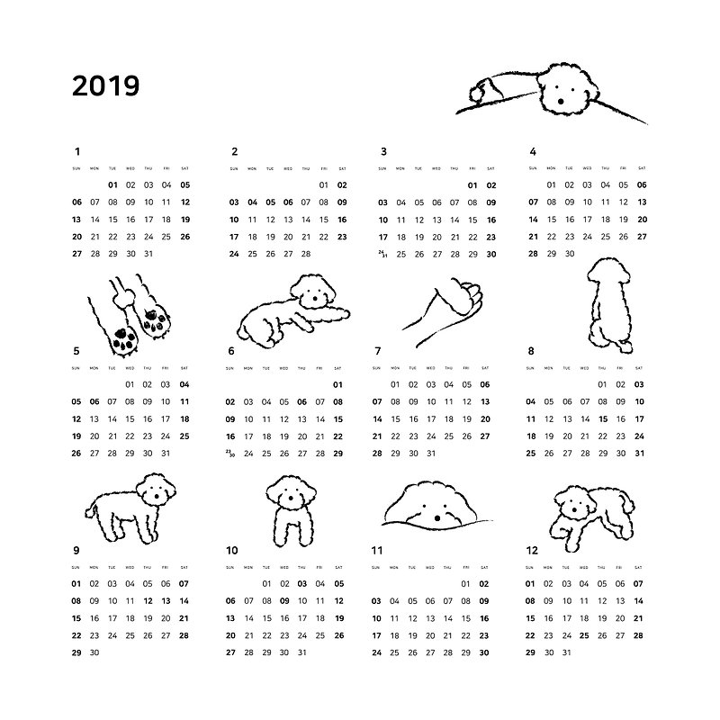 2019犬イラストカレンダー - カレンダー - 紙 ホワイト
