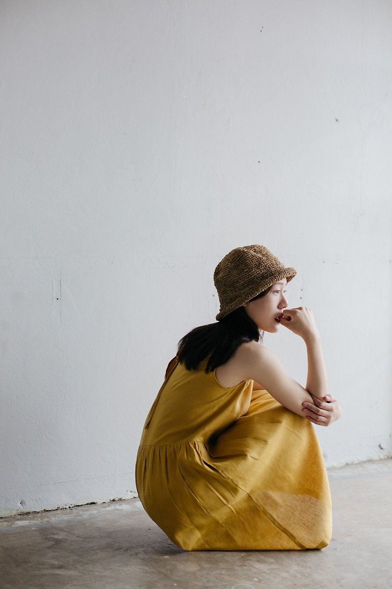 Linen Camisole dress with open back in Mustard - 洋裝/連身裙 - 棉．麻 黃色