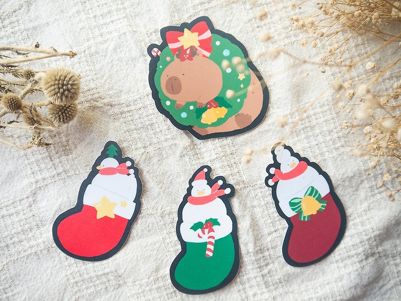 Merry Xmas Christmas Waterproof Sticker Set Capybara Store Manager and Ducks 【SKYCOFFEE】 - สติกเกอร์ - กระดาษ 
