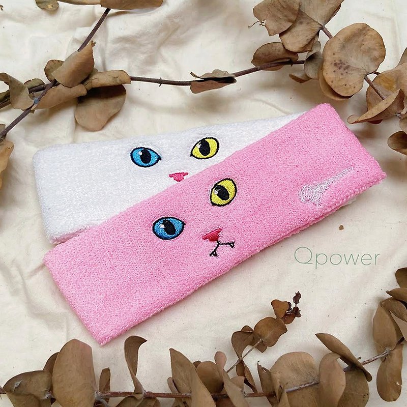 Christmas Gift Exchange Cat Series-Embroidered Cat Towel Bottom Sports Headband-Pink White - Headbands - Cotton & Hemp Gray