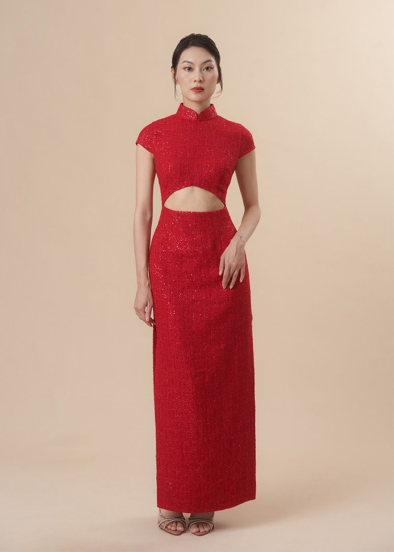 Cap Sleeve Tweed Cut Out Qipao - Qipao - Polyester Red