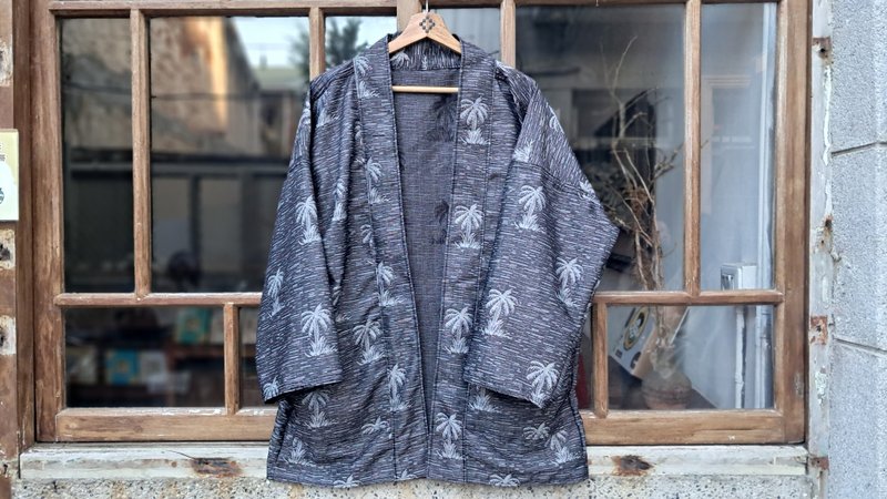AMIN'S SHINY WORLD 黑白椰子樹滿版提花KIMONO  Reversible雙面 - 男裝外套/大衣 - 棉．麻 灰色