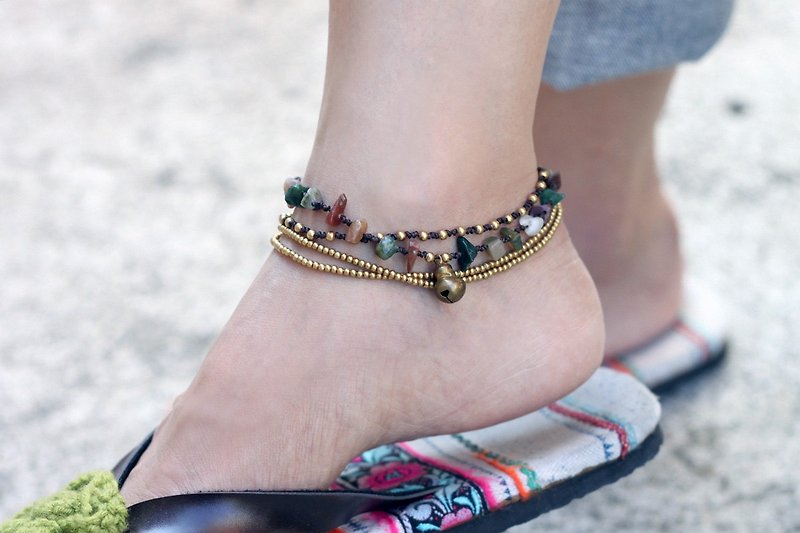 Fancy Jasper Layered Anklets Brass Cotton Woven Cord Bohemian Bracelets - Anklets & Ankle Bracelets - Stone Khaki