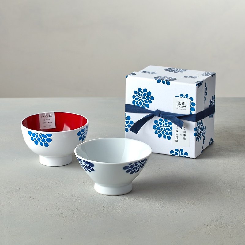 Shizuho Pazo Suki - Blue Painted Flower - Lacquerware Bowl Gift Set (2 pieces) - ถ้วยชาม - เครื่องลายคราม ขาว