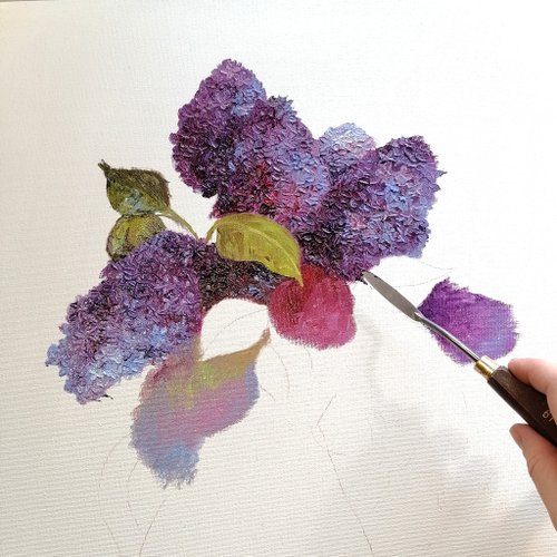 ライラック絵画紫の花油絵キャンバスバイオレット花オリジナルアート 