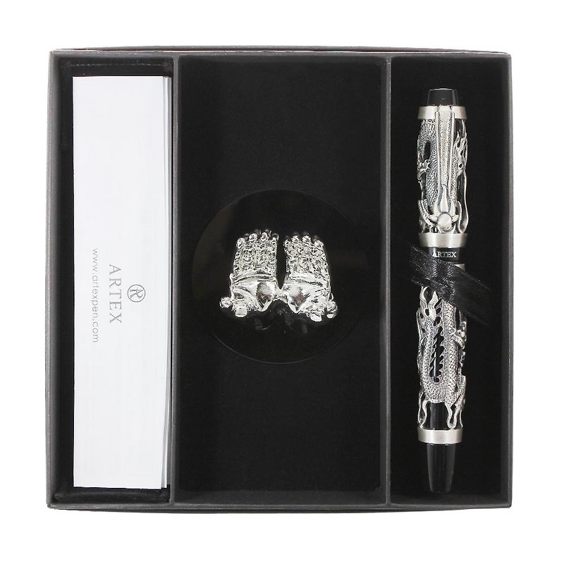 ARTEX Seal Ancient Silver Dragon Pen + Silver Hands Shape Pen Holder Gift Box - ปากกาหมึกซึม - ทองแดงทองเหลือง สีเงิน