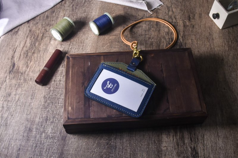 [Customized gift] French goatskin ID holder・Customized gift design-round leather rope - ID & Badge Holders - Genuine Leather Blue