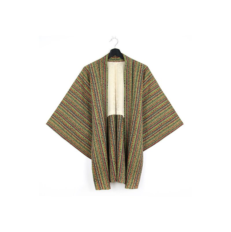 Back to Green-日本帶回羽織 條紋細節花卉 /vintage kimono - 外套/大衣 - 絲．絹 