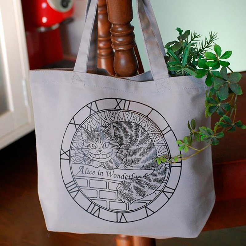 Cheshire Cat Tote Bag Gray - กระเป๋าถือ - ผ้าฝ้าย/ผ้าลินิน สีเทา