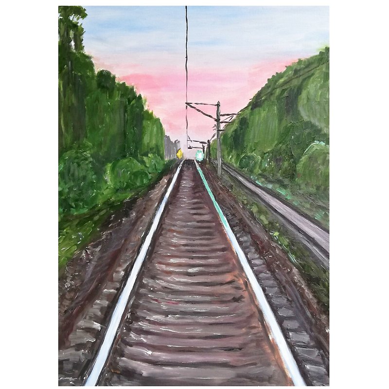 Railway Painting / Landscape Original Art /Sunset Oil Canvas Painting Home Decor - Posters - Cotton & Hemp Multicolor
