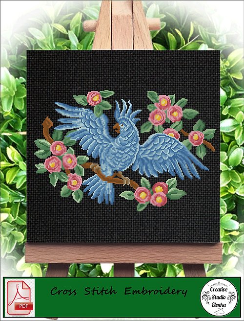 CreativeStudioElenka Vintage Cross Stitch Scheme Blue Parrot - PDF Embroidery Scheme
