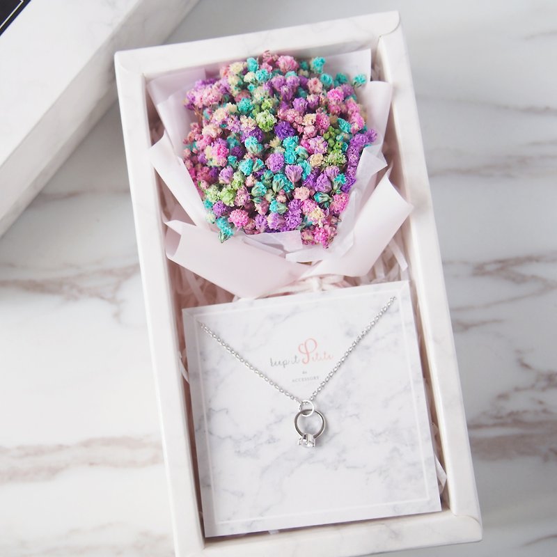 [Marble Pattern Gift Box Set] Color Dry Gypsophila Flower Bouquet + Mini Ring Rhodium Plated Necklace - Necklaces - Other Materials Pink