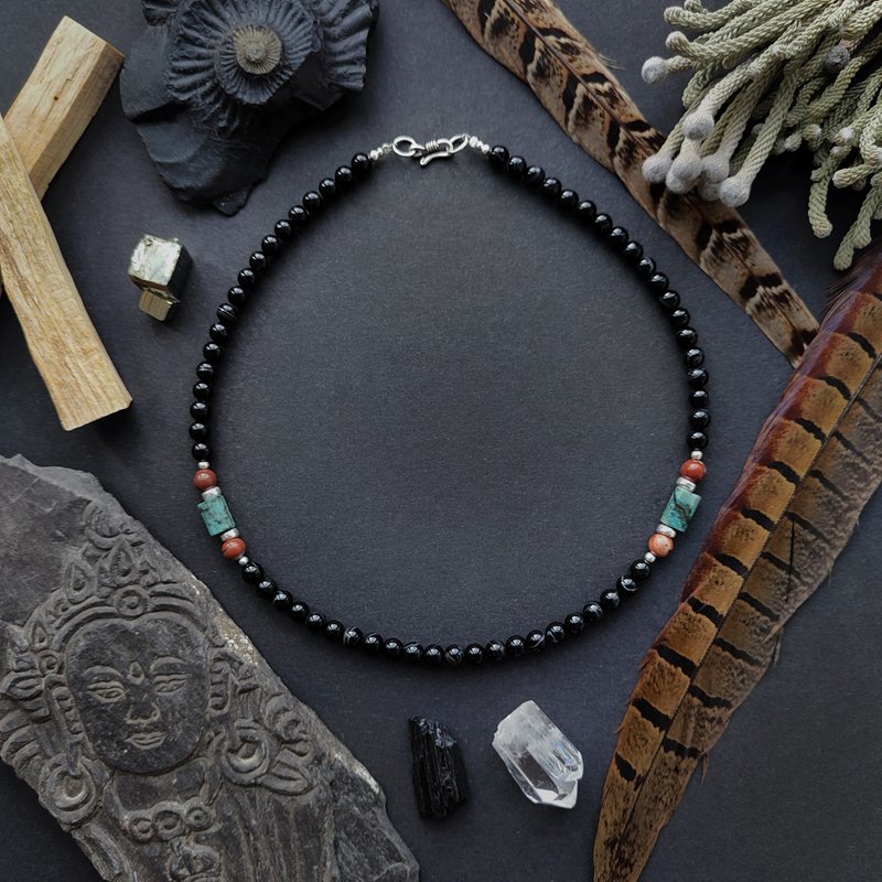 Tibetan style Necklace / African Turquoise, Red Jasper, Black Agate and Silver - 項鍊 - 半寶石 黑色