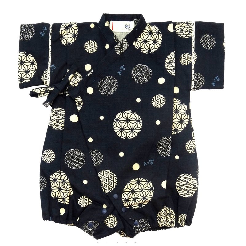 日本製村信 純棉嬰兒童日式和服浴衣連身衣-深藍家紋 - 包屁衣/連身衣 - 棉．麻 藍色