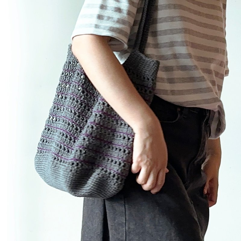 Gray and purple pattern shoulder bag - Handbags & Totes - Cotton & Hemp 