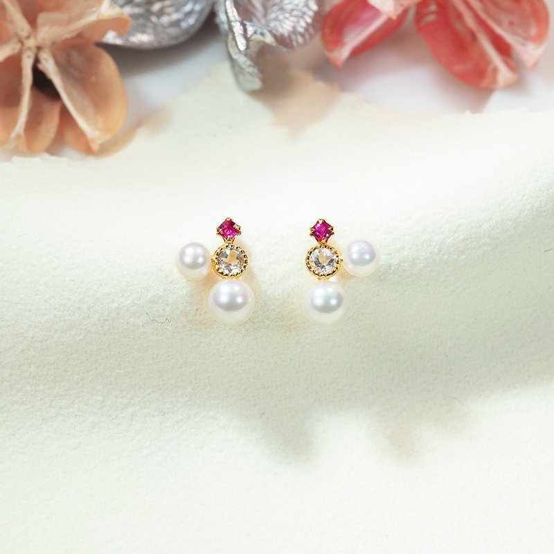 18K Little Lady Series||Huaxiangrong|| Ruby Stone Seawater Pearl Earrings - Earrings & Clip-ons - Precious Metals Multicolor