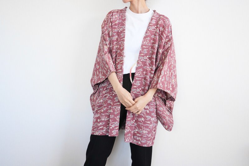 Japanese KIMONO, bird kimono, floral haori, authentic kimono, traditional kimono - 女大衣/外套 - 絲．絹 粉紅色