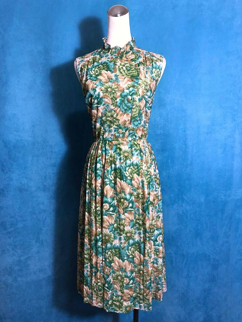 古典綠花朵無袖古著洋裝/ 國外帶回 VINTAGE - 洋裝/連身裙 - 聚酯纖維 綠色