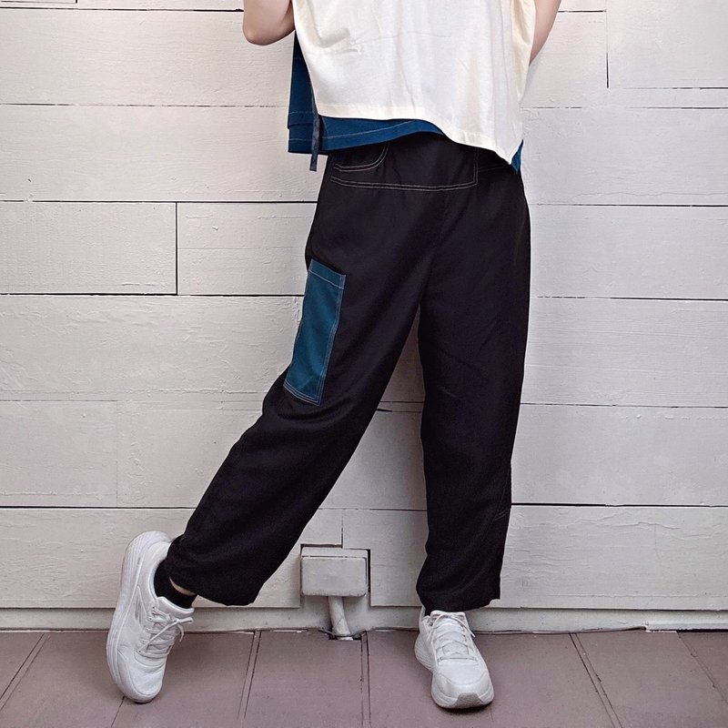 黑 拼布口袋薄長褲 #U2046 - 女長褲 - 棉．麻 黑色