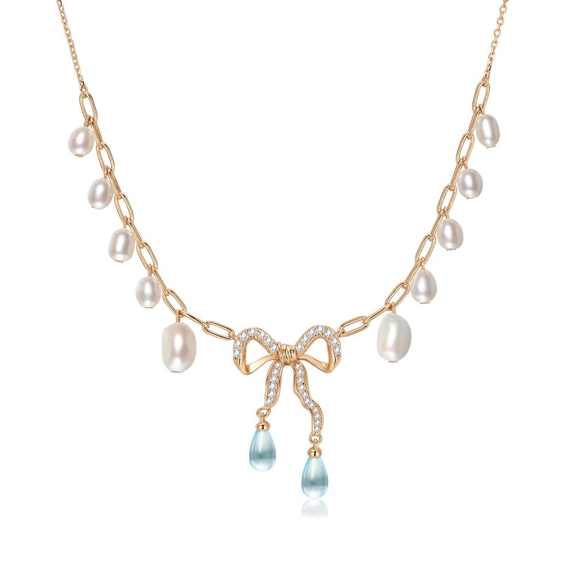 Blue Topaz & Pearl Gold/Silver Bow Dangle Necklace - Alice - Necklaces - Sterling Silver Gold