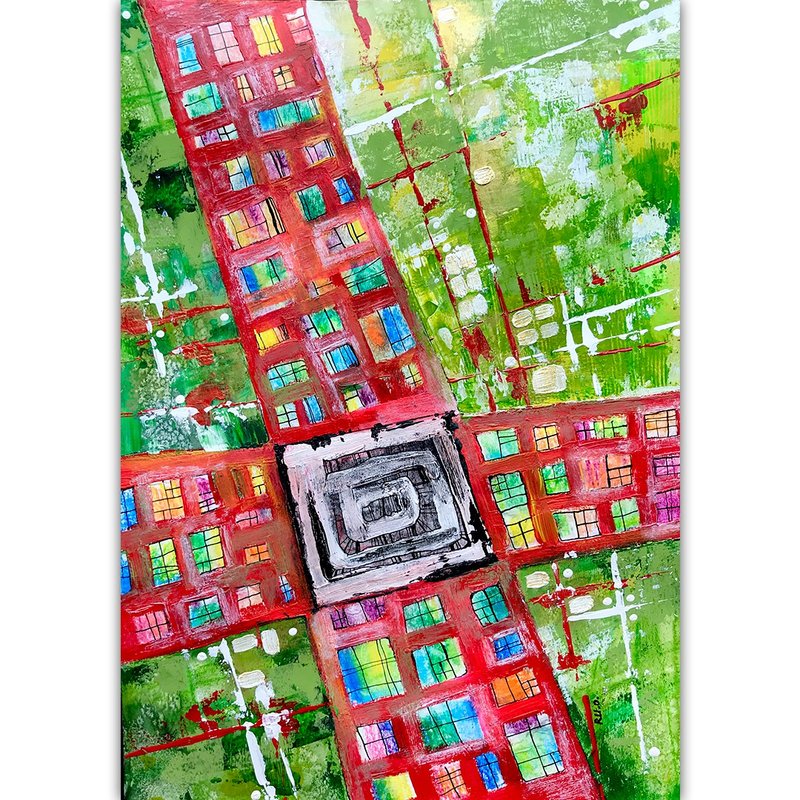 Skyscraper painting Abstract Original art Green red wall art by Rubinova - 海報/掛畫/掛布 - 紙 多色