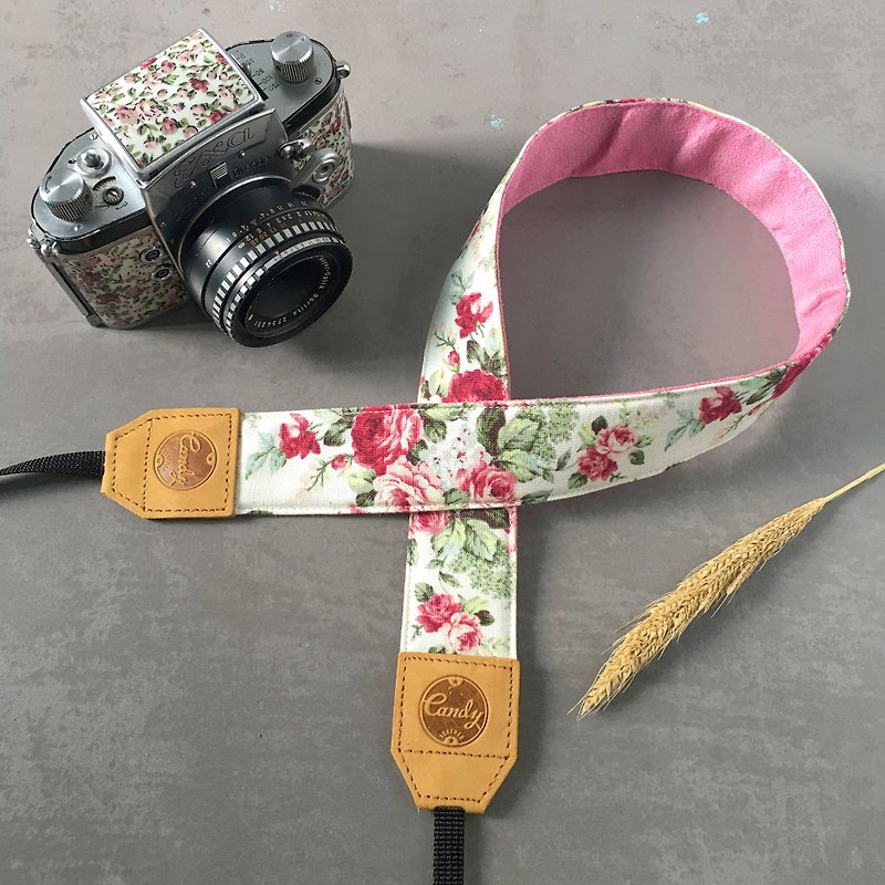 White Pink Flora  camera Strap - Camera Straps & Stands - Cotton & Hemp Pink