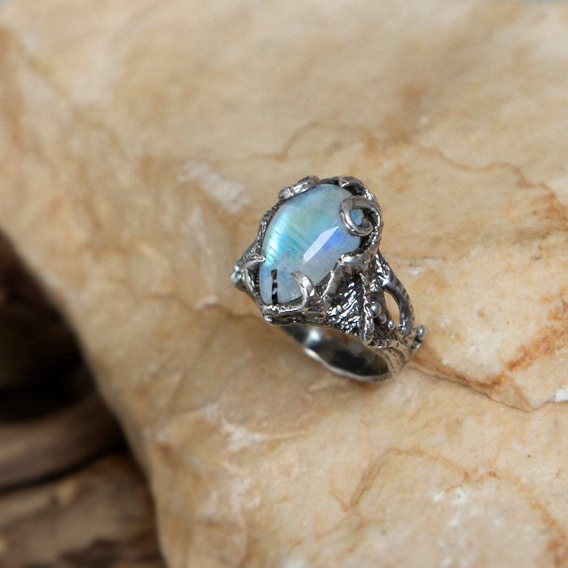 Sterling silver woman's cocktail party ring with natural rainbow moonstone drop - General Rings - Silver Multicolor