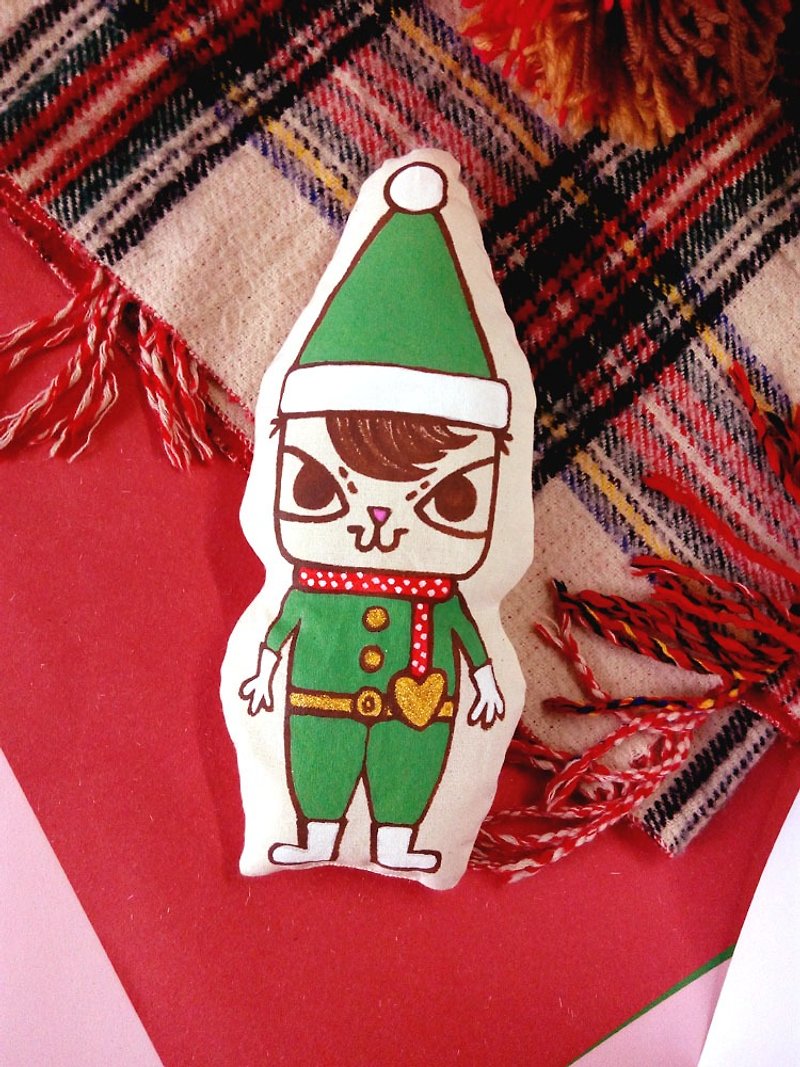 Little Thief Cat Bao Christmas Hugging Pillow Doll Hand-painted Hand-made Custom Cushion Doll - ตุ๊กตา - ผ้าฝ้าย/ผ้าลินิน ขาว