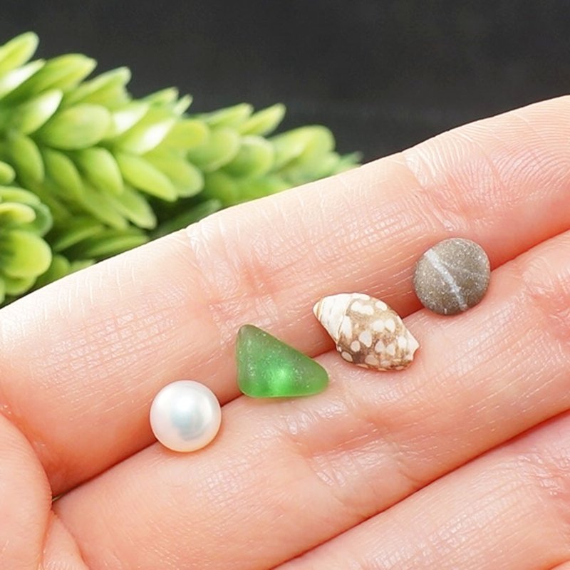 Post Earrings Set of 4 Silver Earring Posts Sea Glass Pearl Shell Pebble Studs - 耳環/耳夾/耳骨夾 - 其他材質 綠色