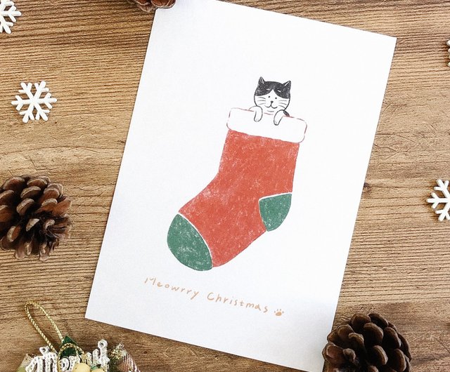 イラスト 手書きカード クリスマス 猫のクリスマス ショップ ミス 黒と白 カード はがき Pinkoi