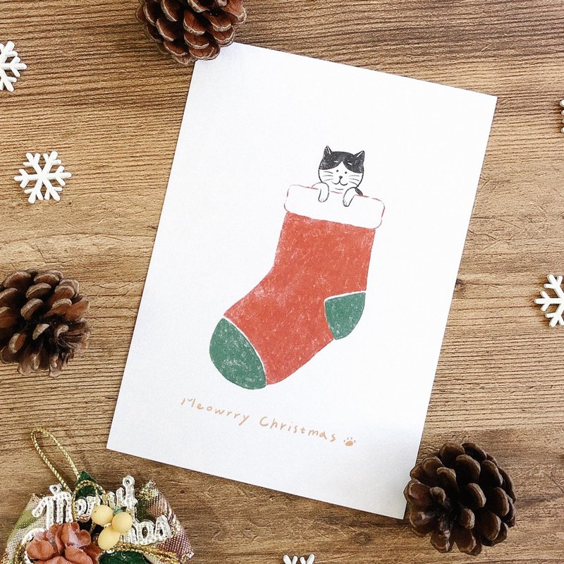 插畫手寫卡片 聖誕節-貓咪聖誕節 - 卡片/明信片 - 紙 綠色