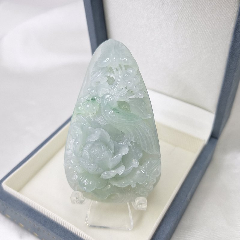天空藍 起膠 精工 花開富貴 | 天然緬甸玉A貨翡翠 - 吊飾/掛飾 - 玉石 