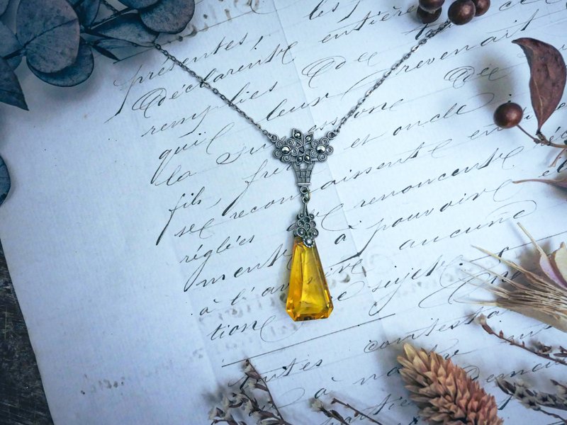 Art Deco 橙玻璃白鐵礦花籃項鍊－英國古董首飾 Vintage Jewelry - 項鍊 - 銀 