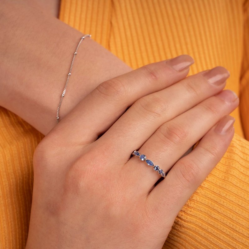 【925純銀】精緻晶石戒指 - 天藍 - 戒指 - 純銀 銀色