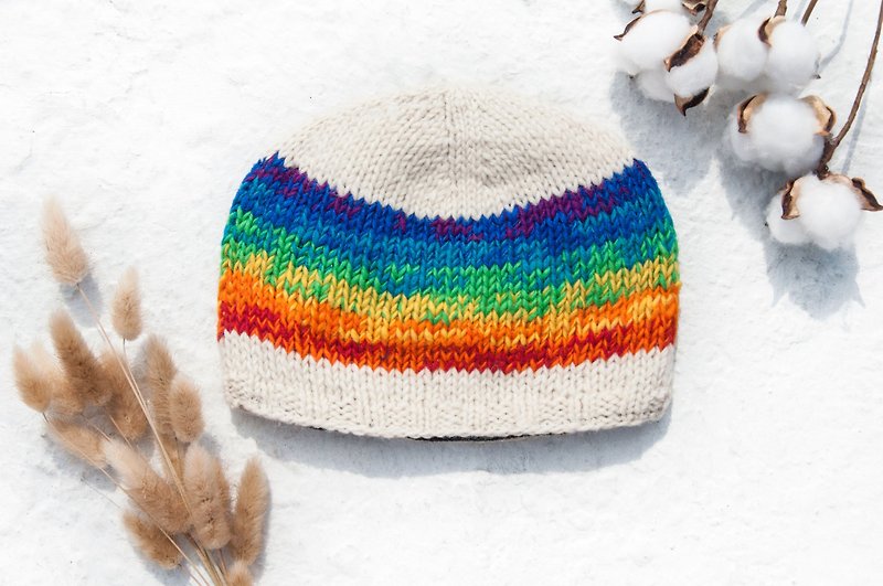 Hand-knitted pure wool hat/knitted woolen hat/inner brushed hand-knitted woolen hat/hand-knitted woolen hat-Rainbow - Hats & Caps - Wool Multicolor
