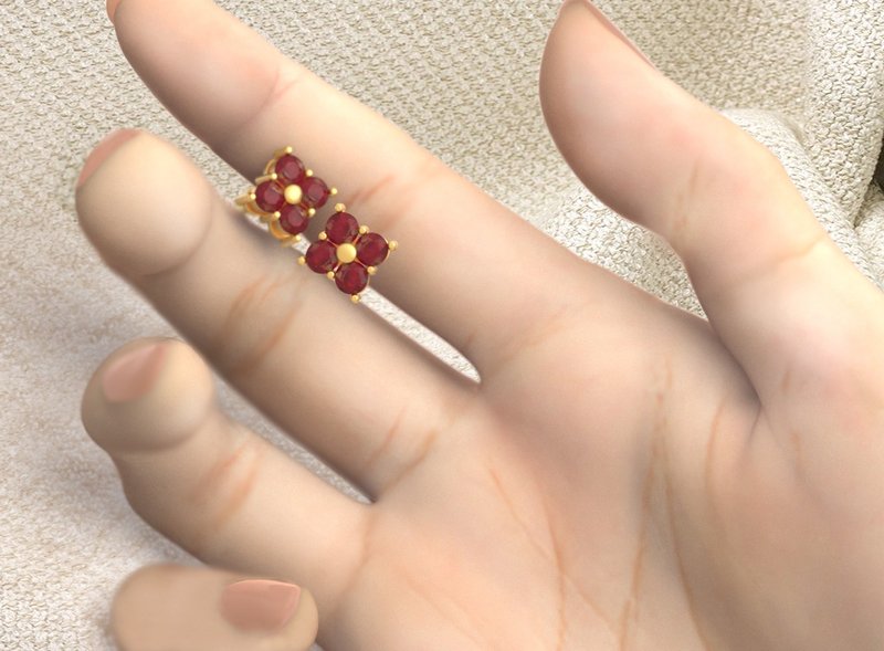 Ruby earring Silver Gold, Natural ruby ring, Stud earring, July Birthstones - 耳環/耳夾/耳骨夾 - 24k 金 咖啡色