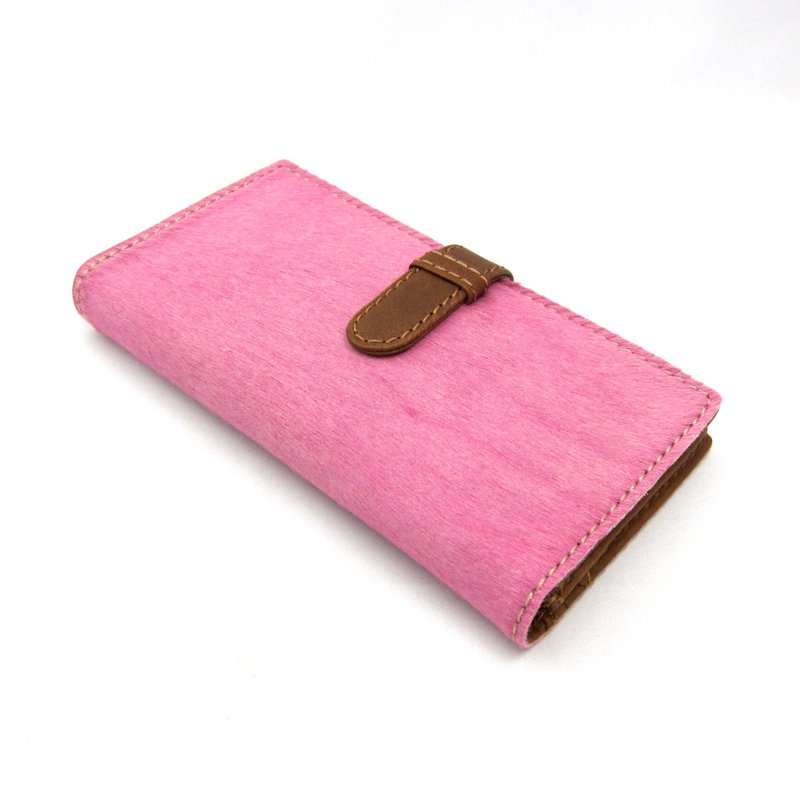 Wallet, long wallet, bi-fold, for women, cute, stylish, smooth, genuine leather, Italian pony, calf fur - Wallets - Genuine Leather Pink