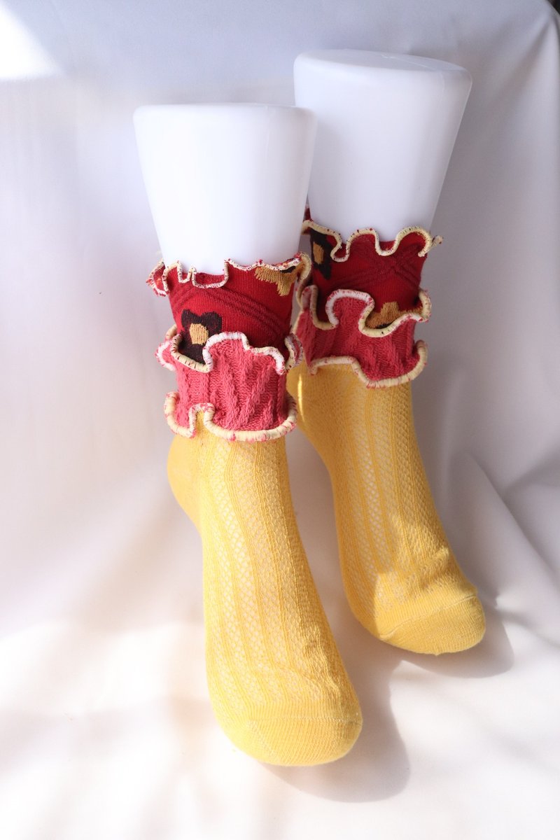 Red x Yellow Colorful Mellow Socks, Flashy Socks, Unique, Size 22.5-25, Women's Socks - ถุงเท้า - วัสดุอื่นๆ สีแดง