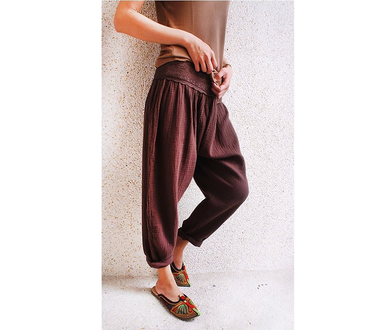 Flower belt yoga pants*coffee - กางเกงขายาว - ผ้าฝ้าย/ผ้าลินิน 