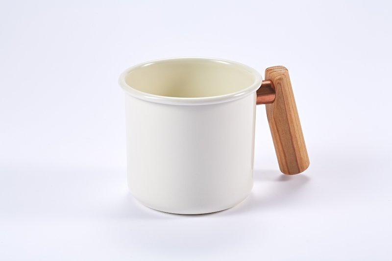 Truvii wooden handle enamel cup 250ml (Moonlight White) - Teapots & Teacups - Enamel White