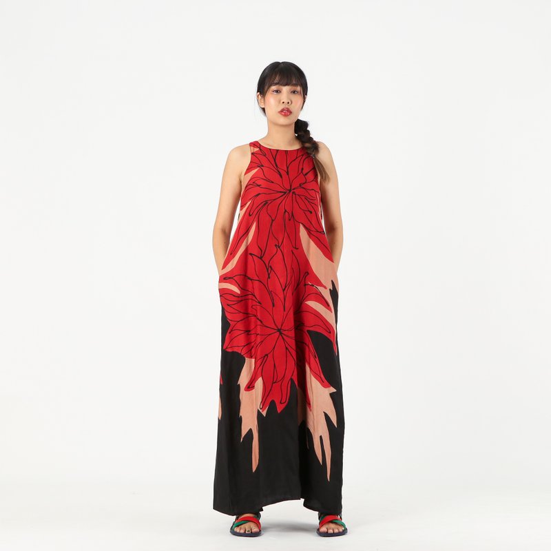 Long Dress Silk Linen Hand Paint Free Size - 洋裝/連身裙 - 棉．麻 紅色