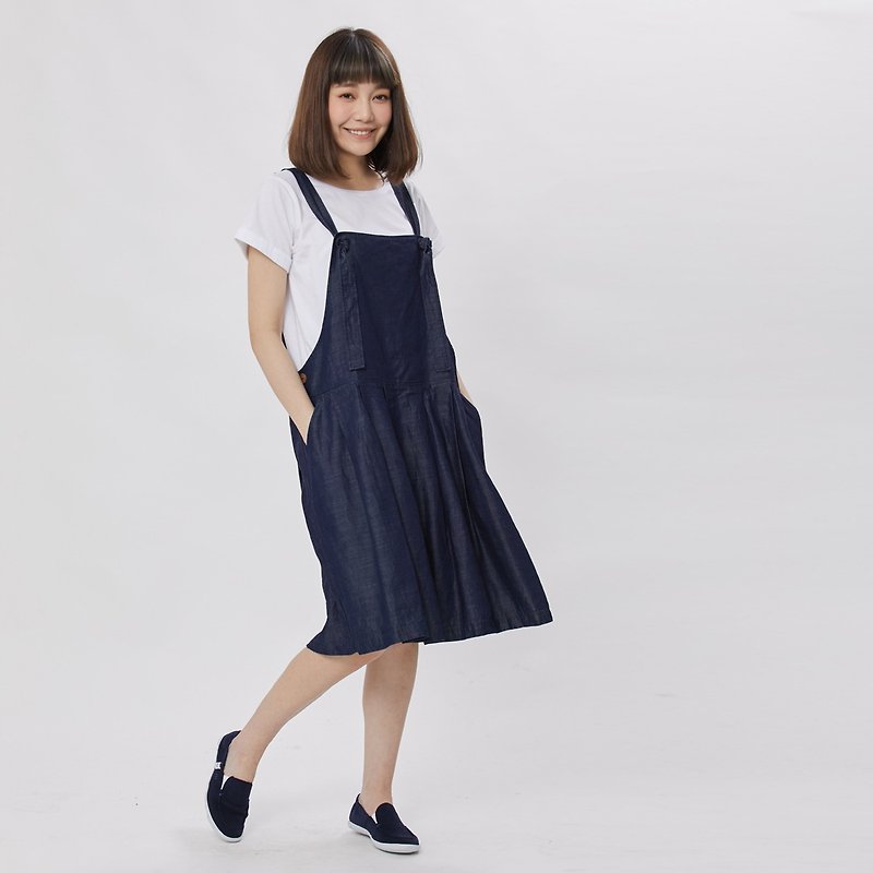 Evan Clean Line Pockets Overalls Skirt - ชุดเดรส - ผ้าฝ้าย/ผ้าลินิน สีน้ำเงิน