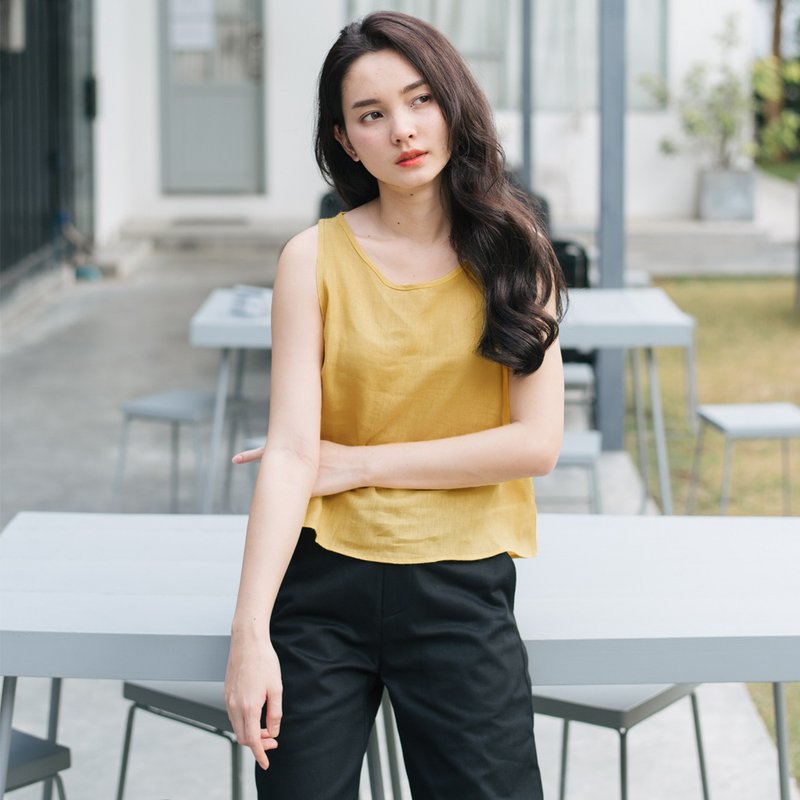 Cropped TANK-TOP - Yellow Mustard - 女裝 上衣 - 亞麻 黃色