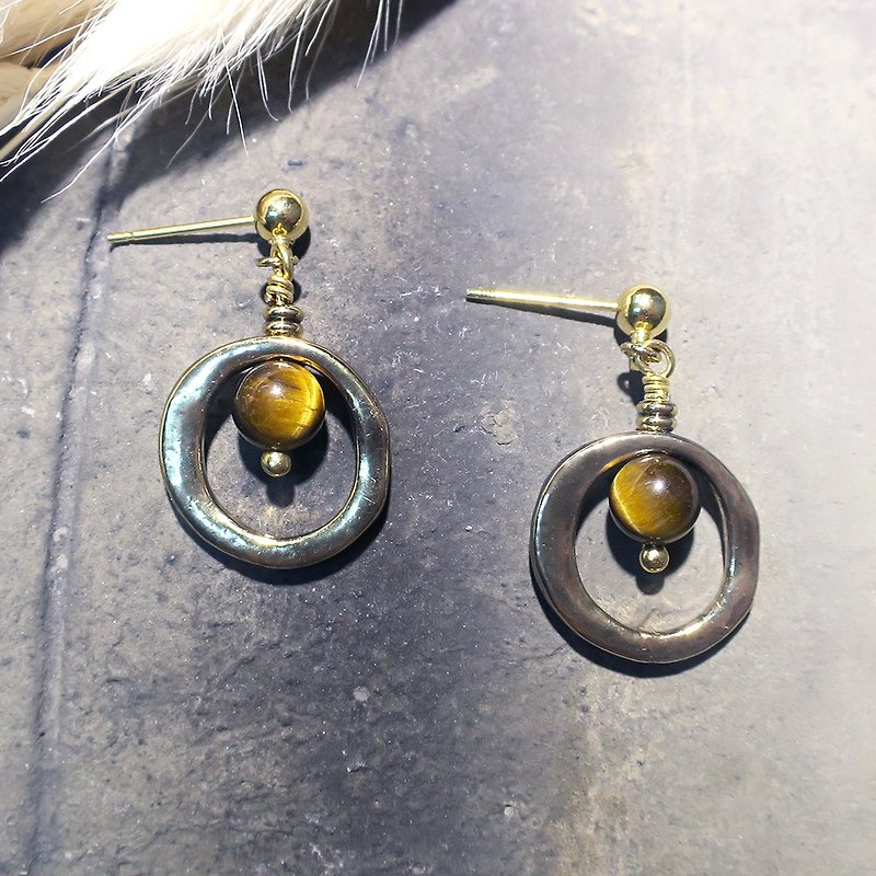 VIIART. Big circle-coffee. Retro Golden Tiger Eye Stone earrings - clip-on can be changed - Earrings & Clip-ons - Other Metals Brown